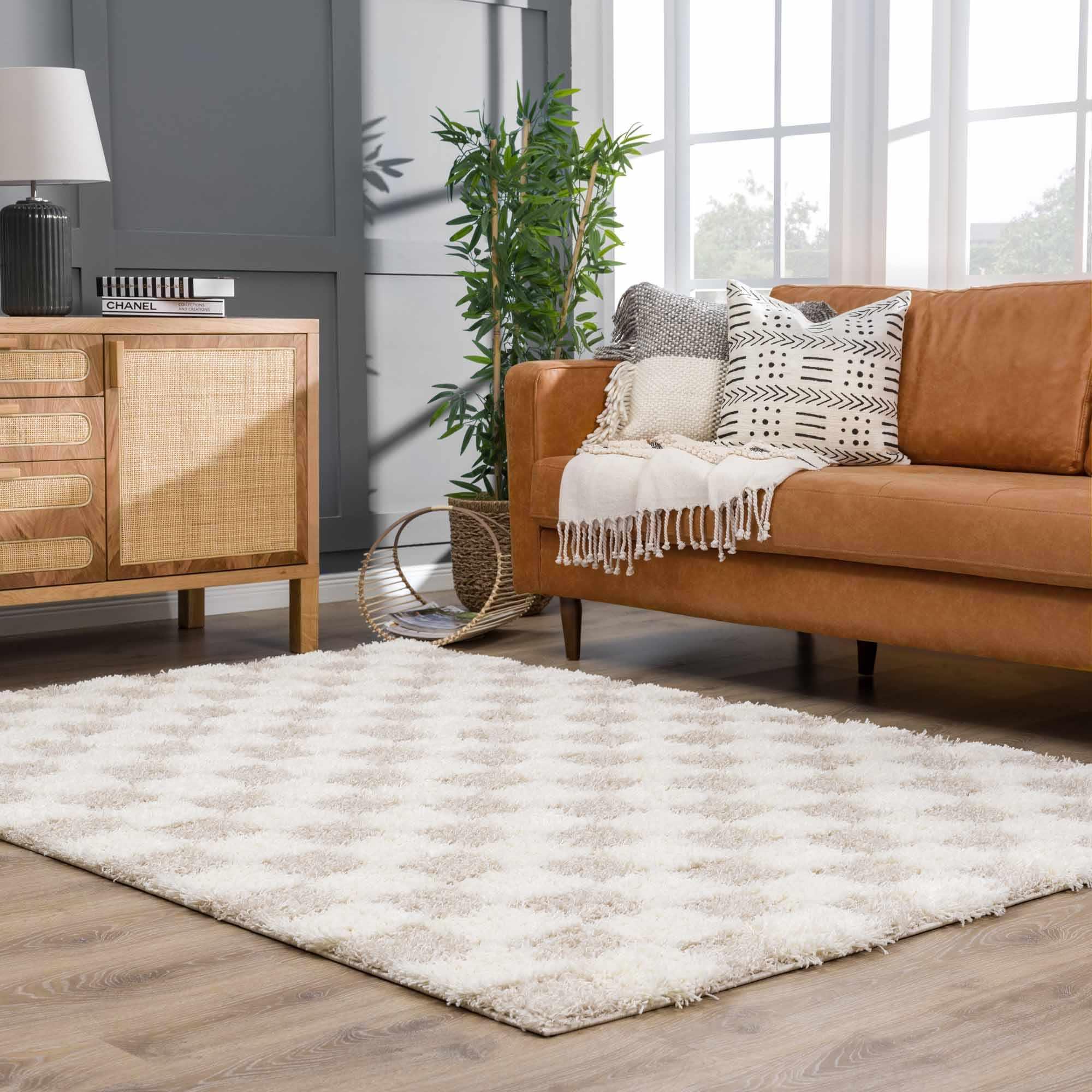 Atira Light Brown Checkered Area Rug - PRHOMZ