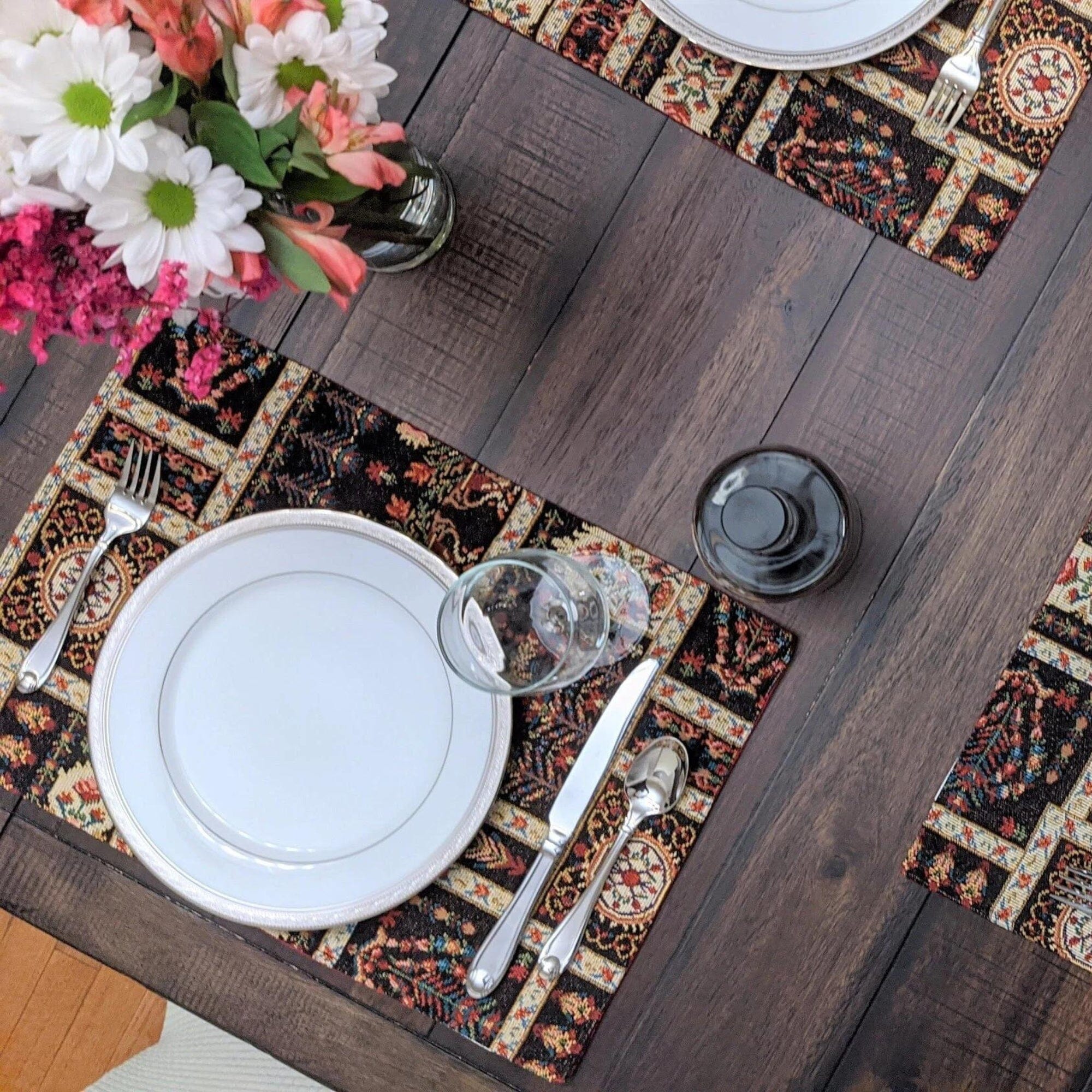 DaDalogy Bedding Set of 4-Pieces Dark Noir Mughal Floral Botanical Vintage Fleur Tapestry Placemats 13” x 19” (18197)