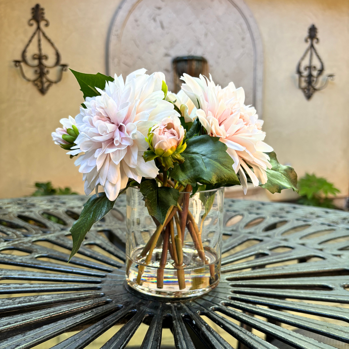 Artificial Dahlia Flower Arrangement in Glass Vase - 10"