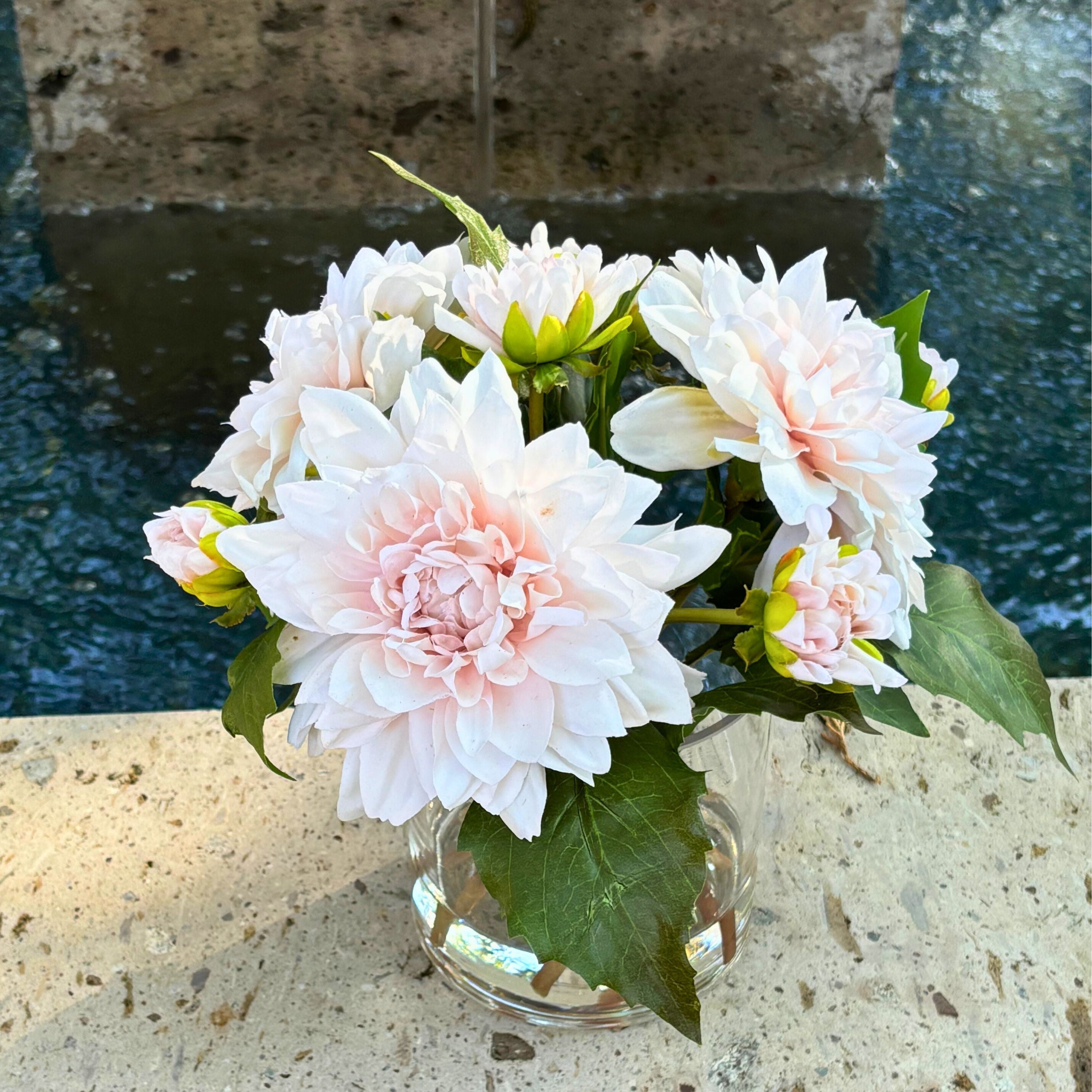 Artificial Dahlia Flower Arrangement in Glass Vase - 10"-0