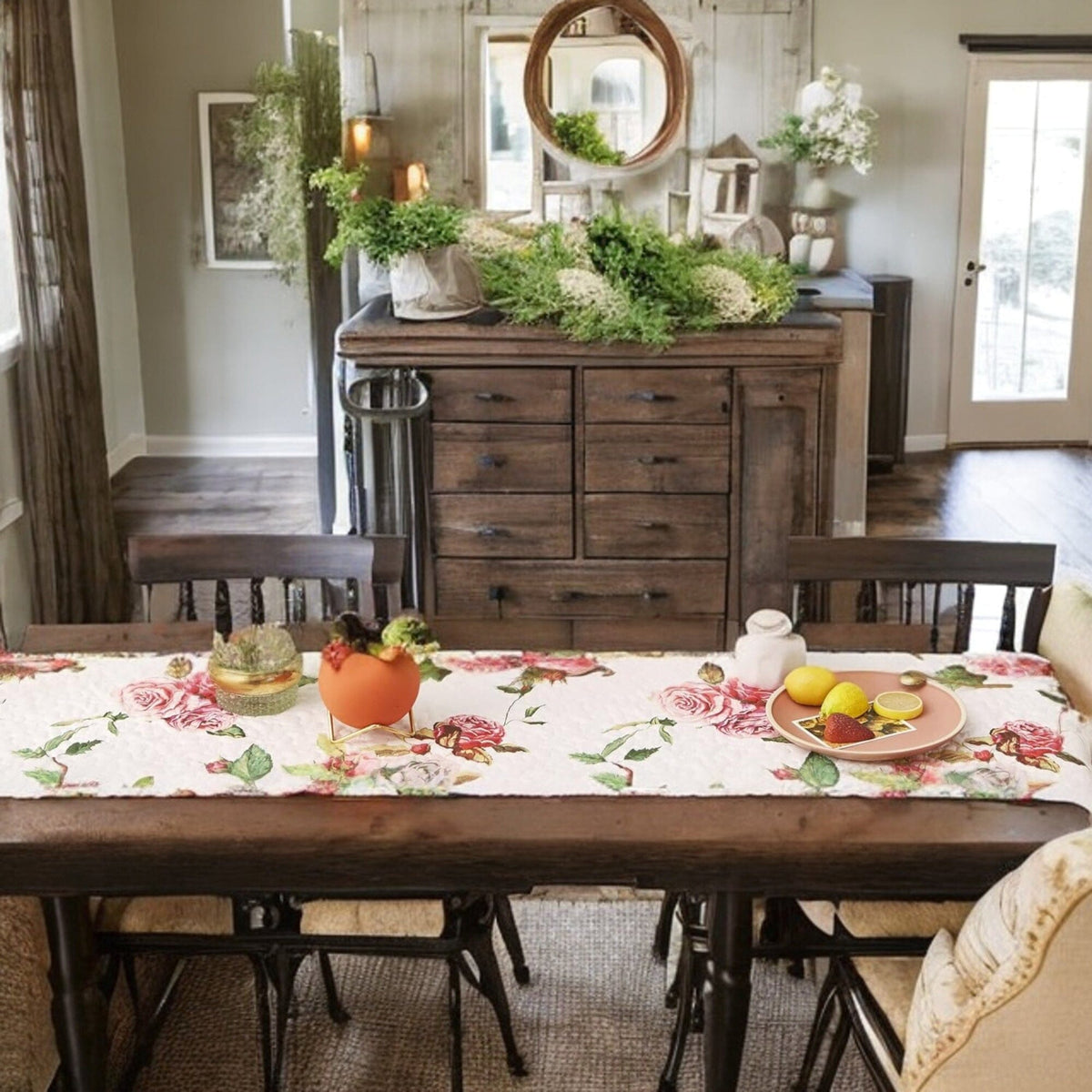DaDa Bedding Romantic Roses Pink White Lovely Floral Quilted Dining Table Runner (879)