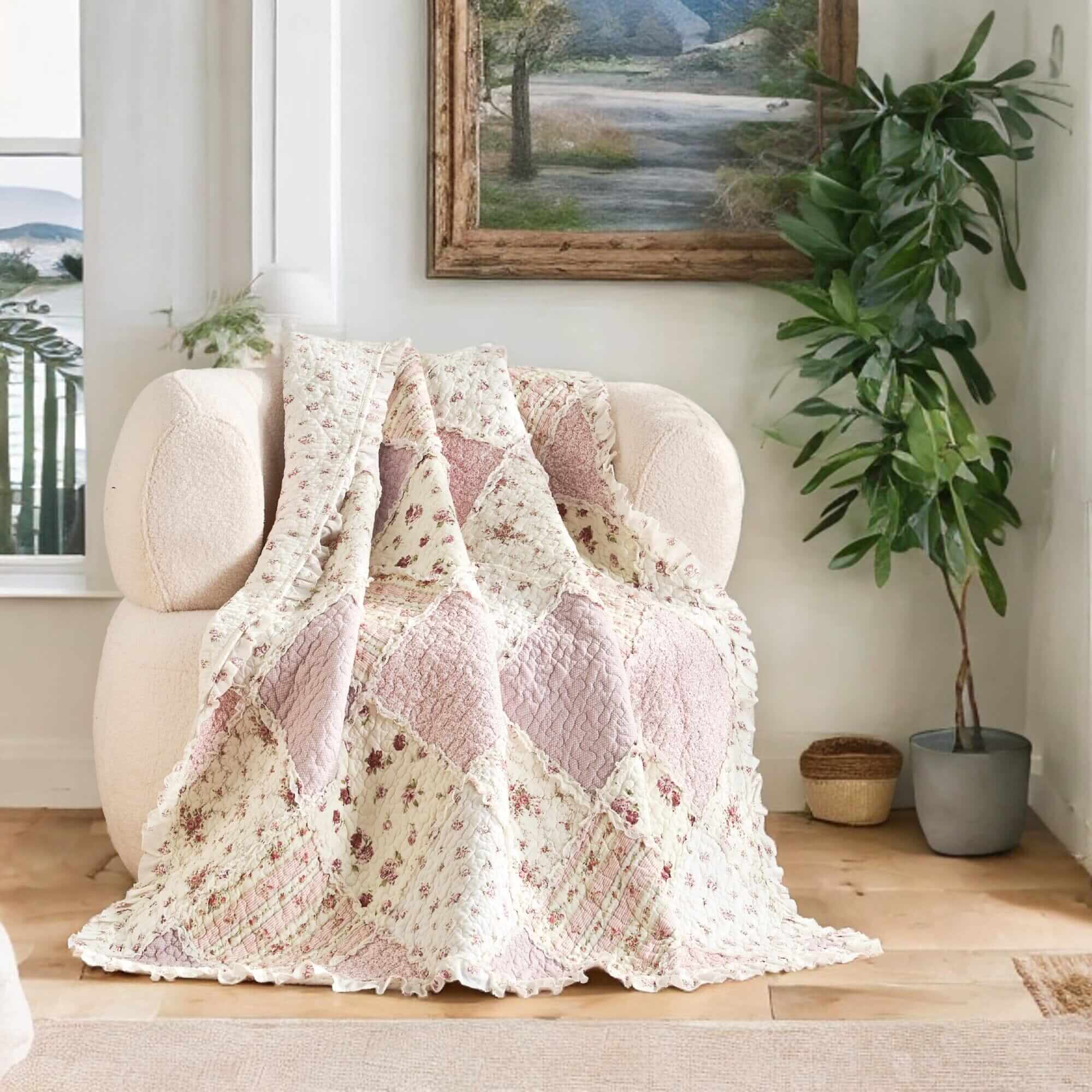 DaDalogy Cotton Patchwork Throw Blanket - Floral Cottage Quilted Reversible Blush Pink & Cream Shabby Chic Botanical Ruffle Design - Vintage Garden Rose Pastel Accents - 50 x 60