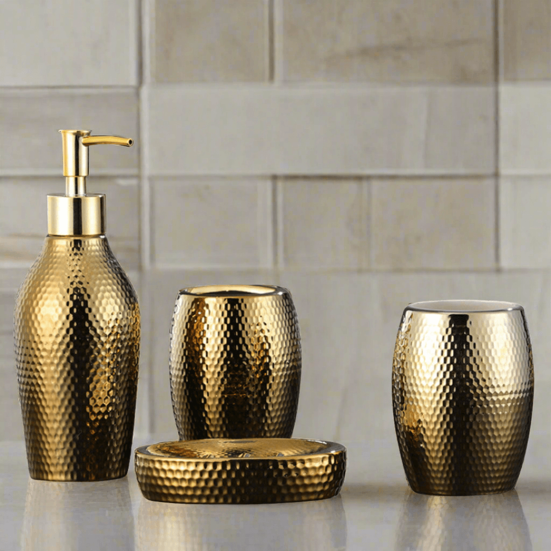 4 Pieces Golden Ceramic Bathroom Set - PRHOMZ