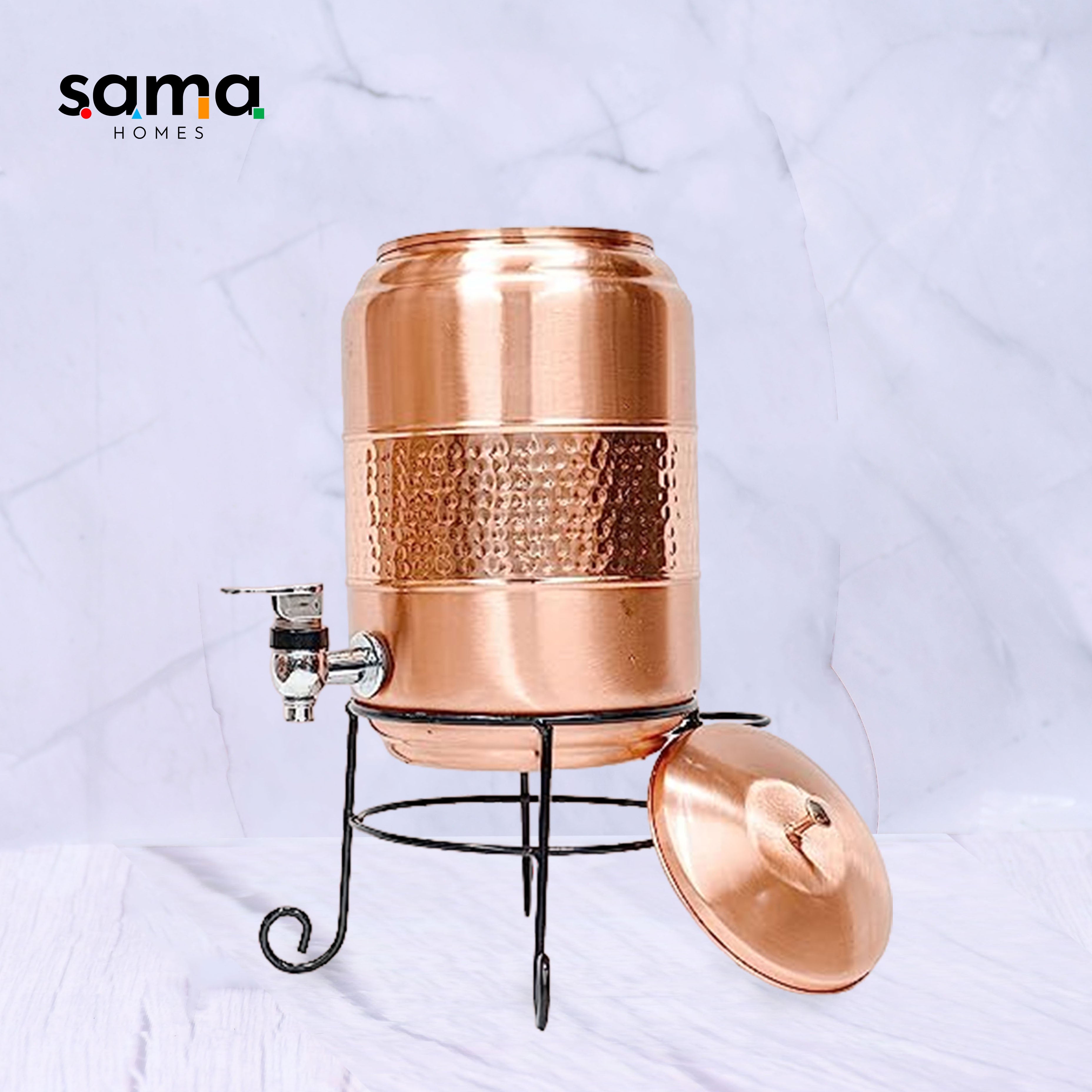 Pure Copper Half Hammered Water Dispenser with Glass and Stand (Matka) Combo 5000ml-2