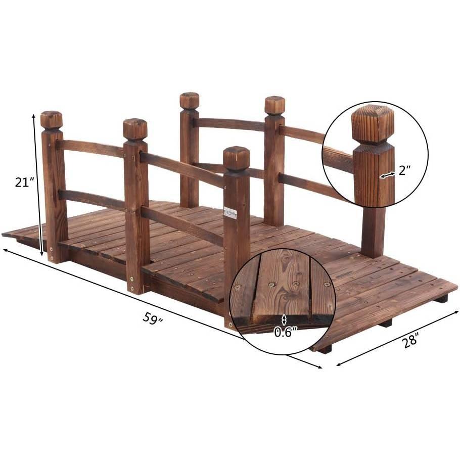 Outdoor 5-foot Solid Fir Wood Garden Bridge in Rustic Brown Finish - PRHOMZ