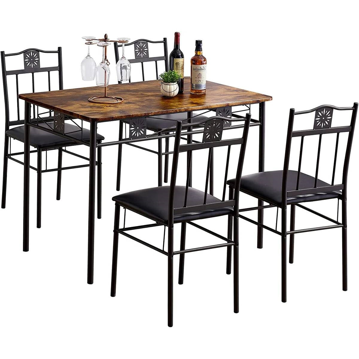 Farmhouse 5-Piece Dining Set with Wood-Top Table and 4 Cushioned Chairs-0