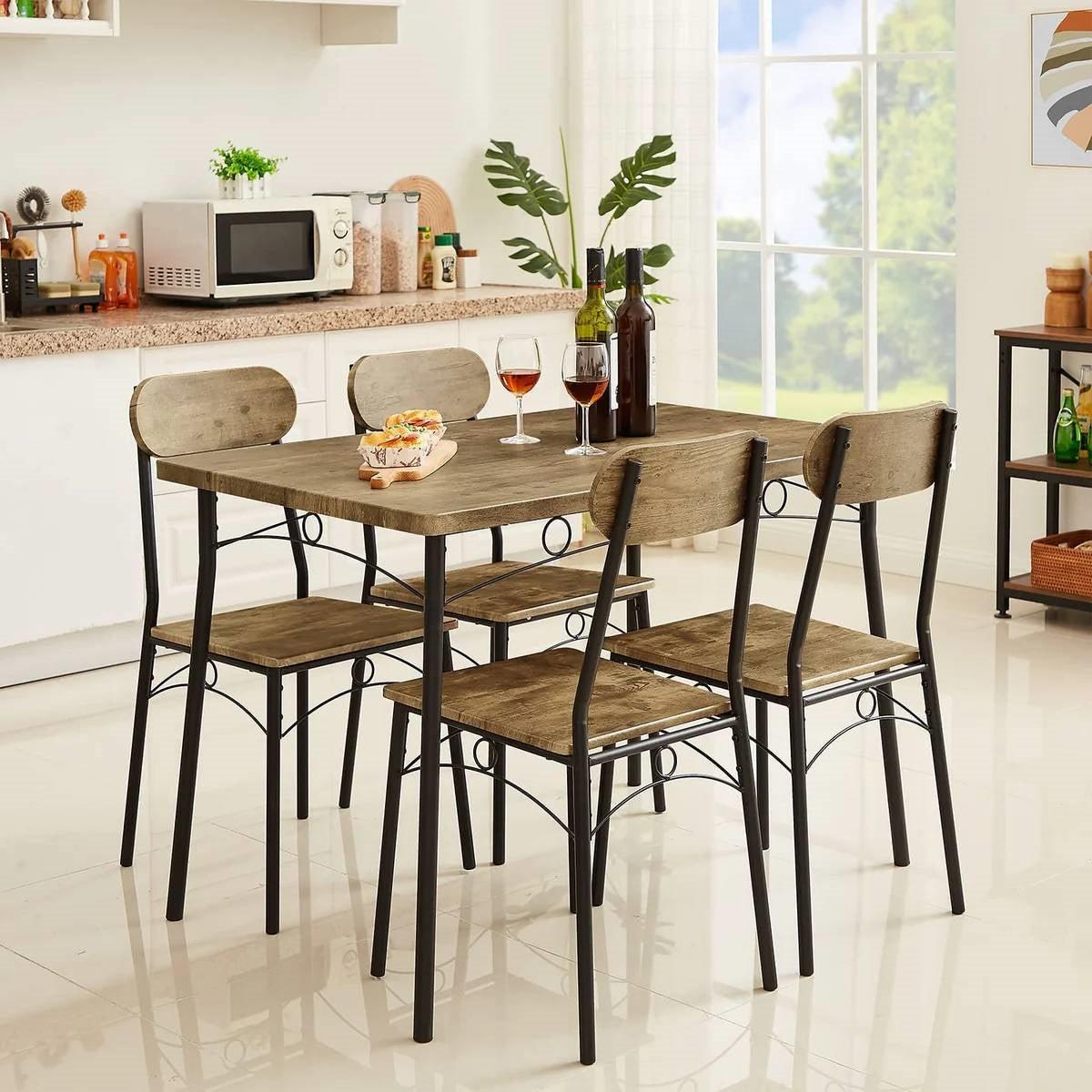 Modern Industrial 5-Piece Dining Set with Wood Top Table and 4 Chairs-0