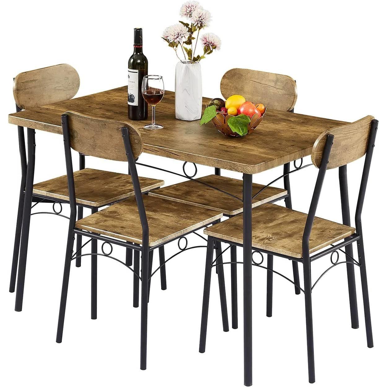 Modern Industrial 5-Piece Dining Set with Wood Top Table and 4 Chairs-1