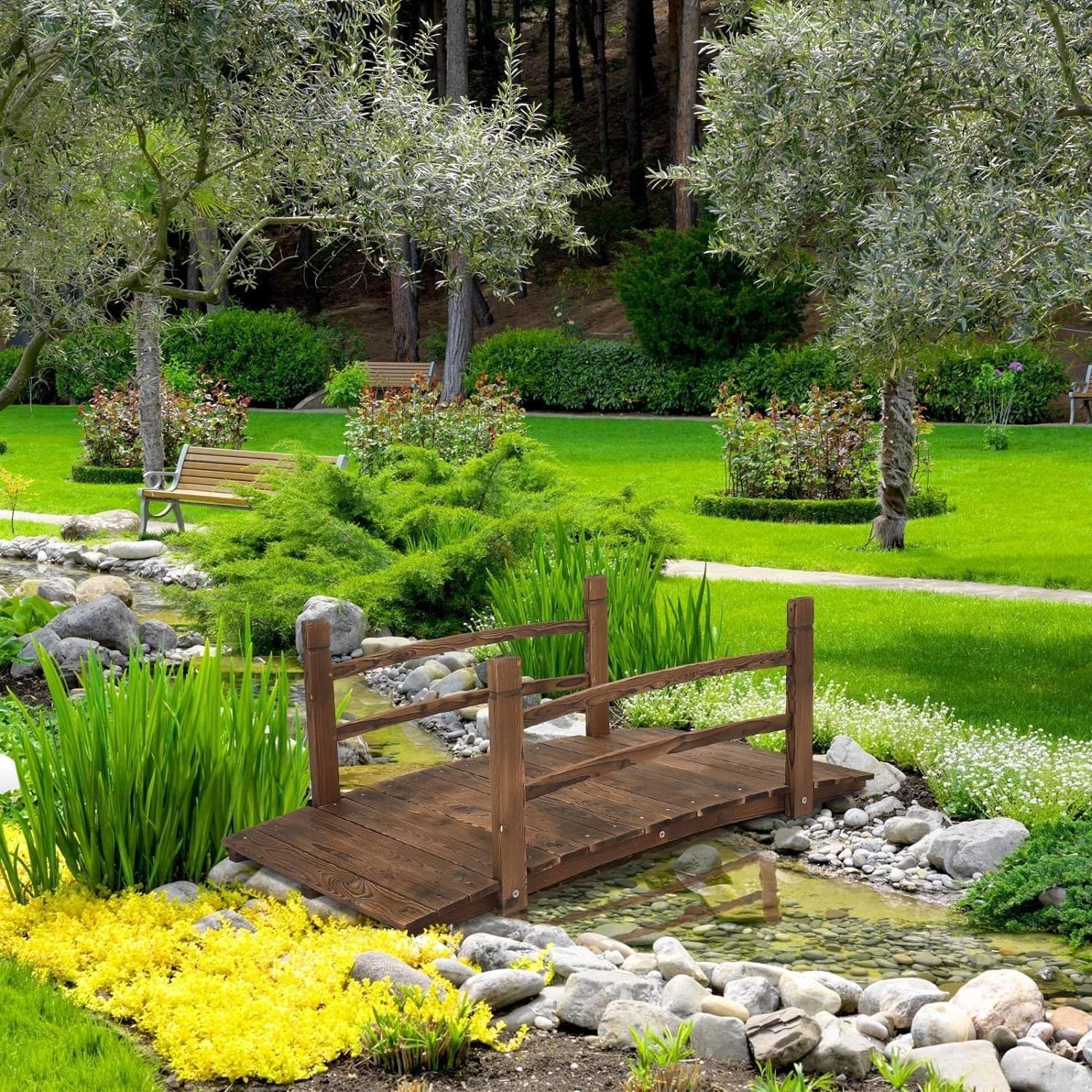 Outdoor 4-ft Wooden Garden Bridge in Rustic Brown Wood Finish - PRHOMZ