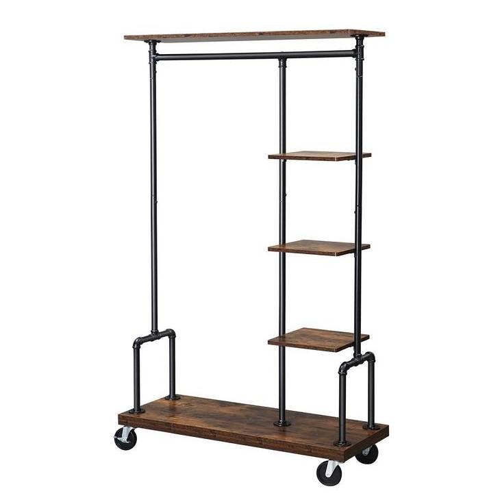 Industrial Metal Pipe Garment Rack with Wood Storage Shelves on Wheels - PRHOMZ