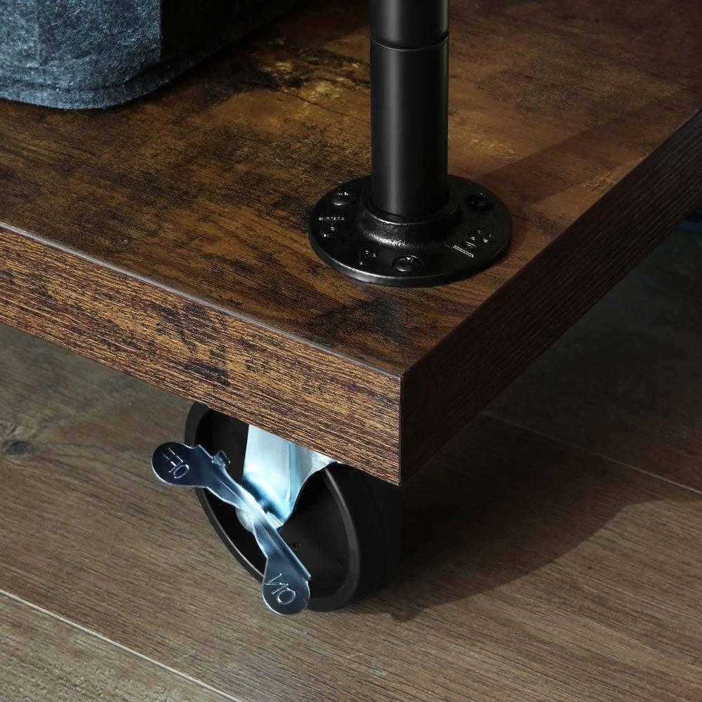 Industrial Metal Pipe Garment Rack with Wood Storage Shelves on Wheels - PRHOMZ