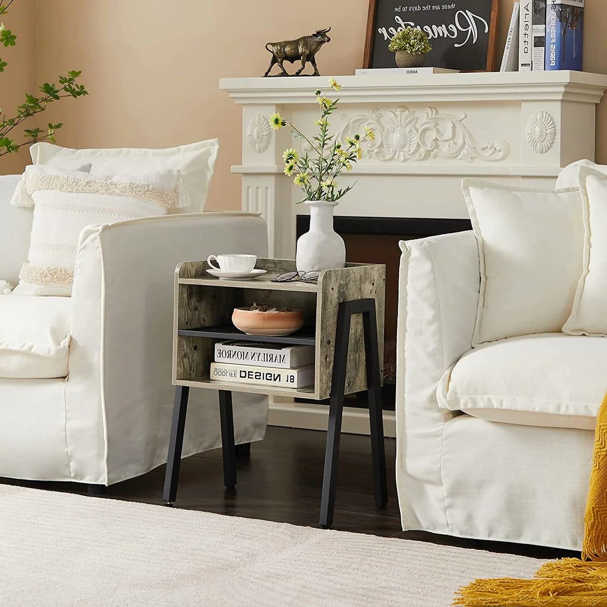 Modern Industrial Grey Wood Black Metal Side Table Nightstand End Table-2