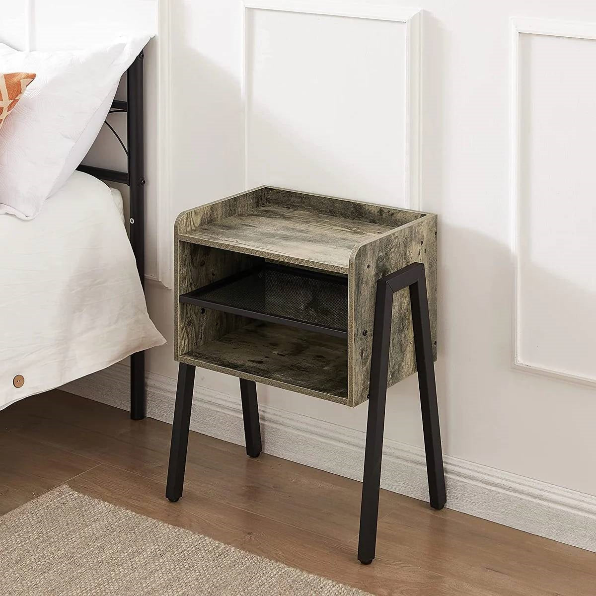 Modern Industrial Grey Wood Black Metal Side Table Nightstand End Table-3