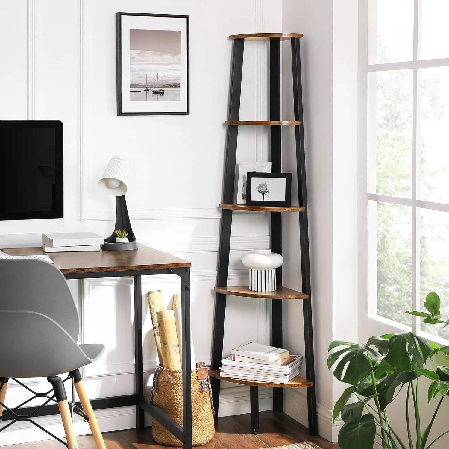 Modern 4-Shelf Brown Black Corner Shelving Unit Slim Bookcase - PRHOMZ