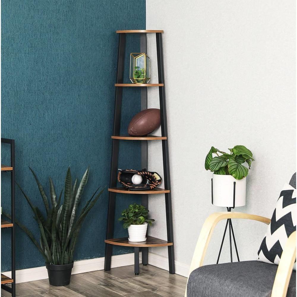 Modern 4-Shelf Brown Black Corner Shelving Unit Slim Bookcase - PRHOMZ