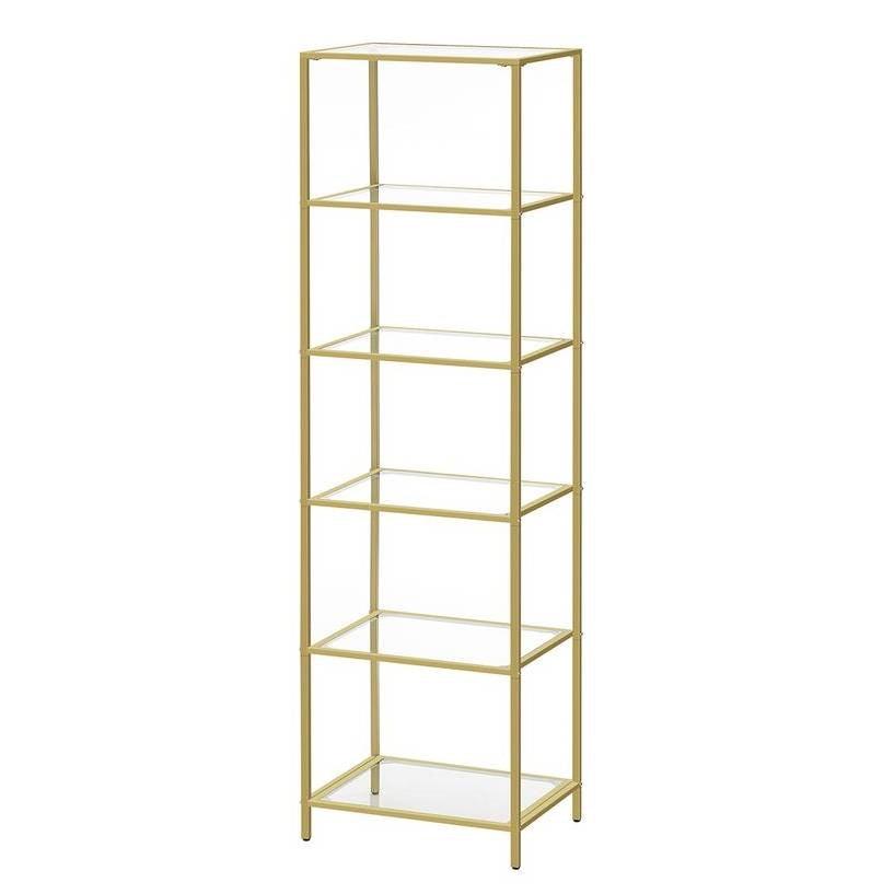 Narrow Glass Shelf Bookcase Bedroom Living Office Bath Storage Unit in Gold - PRHOMZ