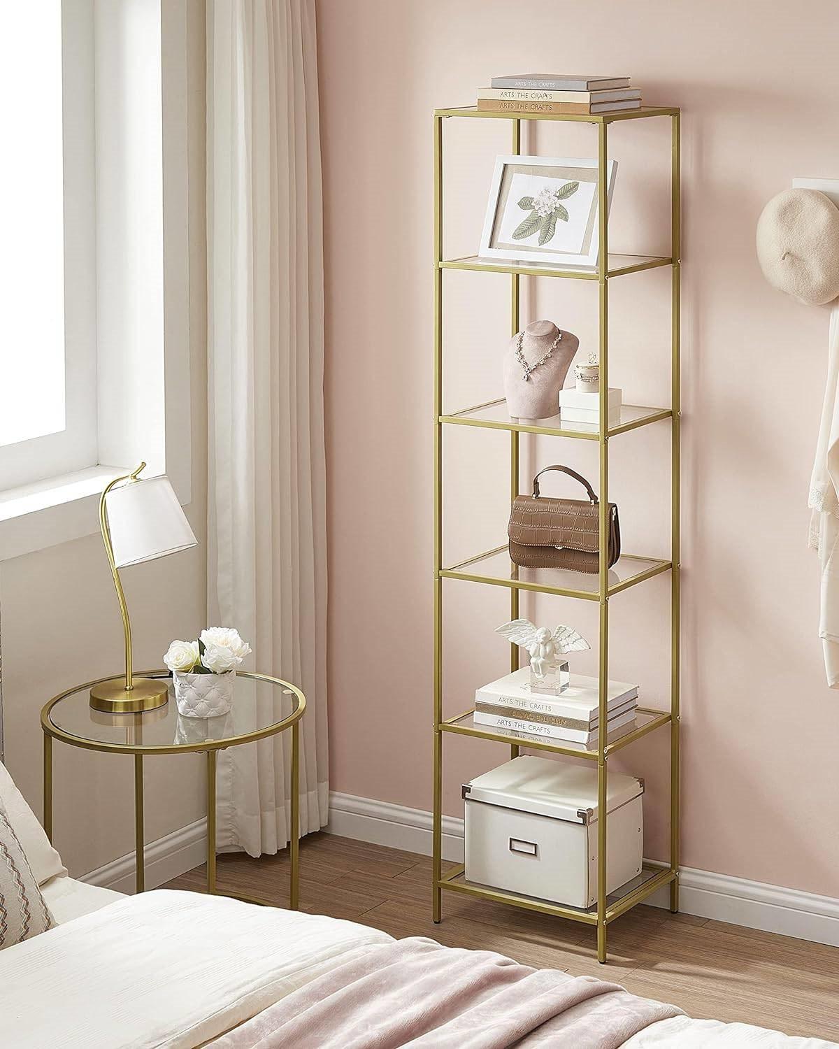 Narrow Glass Shelf Bookcase Bedroom Living Office Bath Storage Unit in Gold - PRHOMZ
