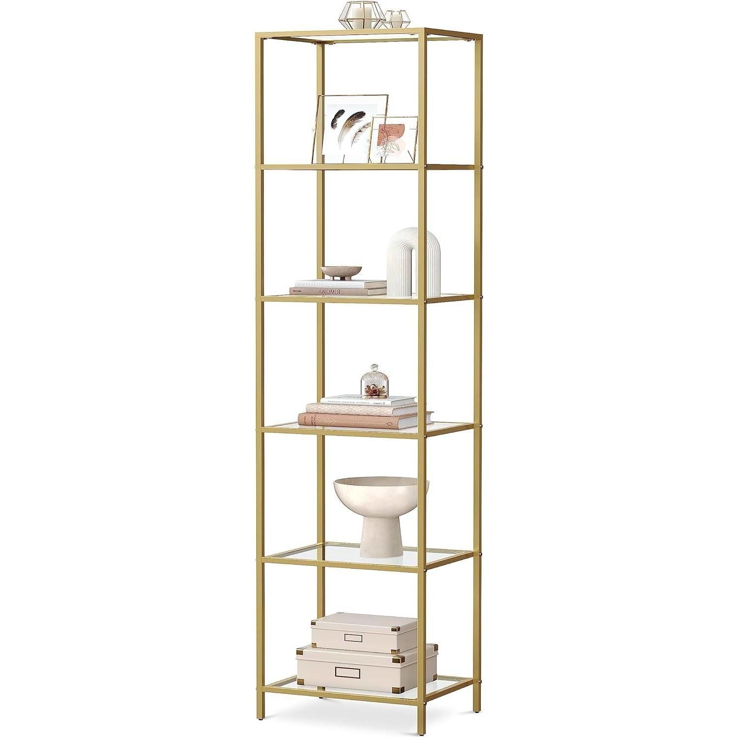 Narrow Glass Shelf Bookcase Bedroom Living Office Bath Storage Unit in Gold - PRHOMZ
