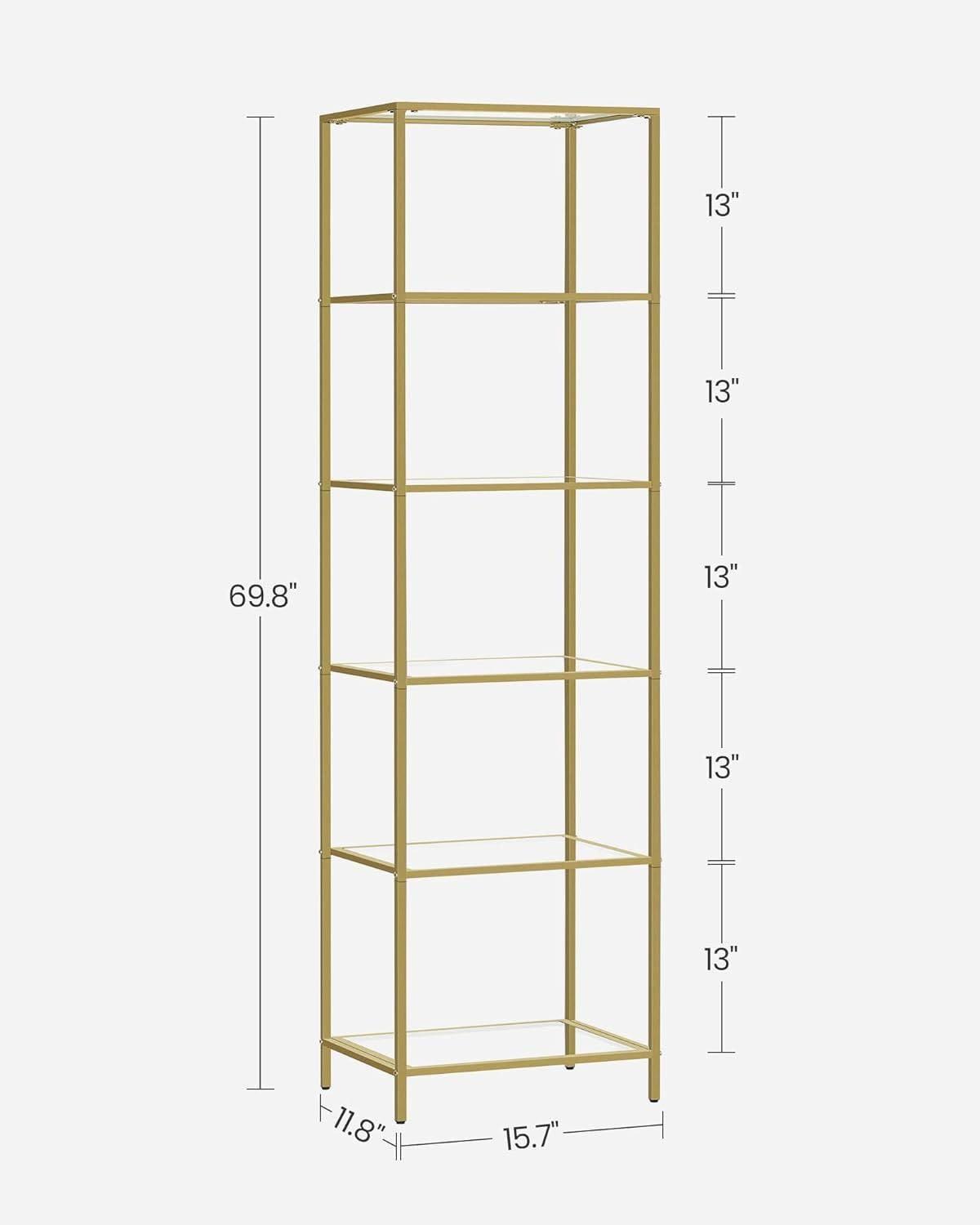 Narrow Glass Shelf Bookcase Bedroom Living Office Bath Storage Unit in Gold - PRHOMZ