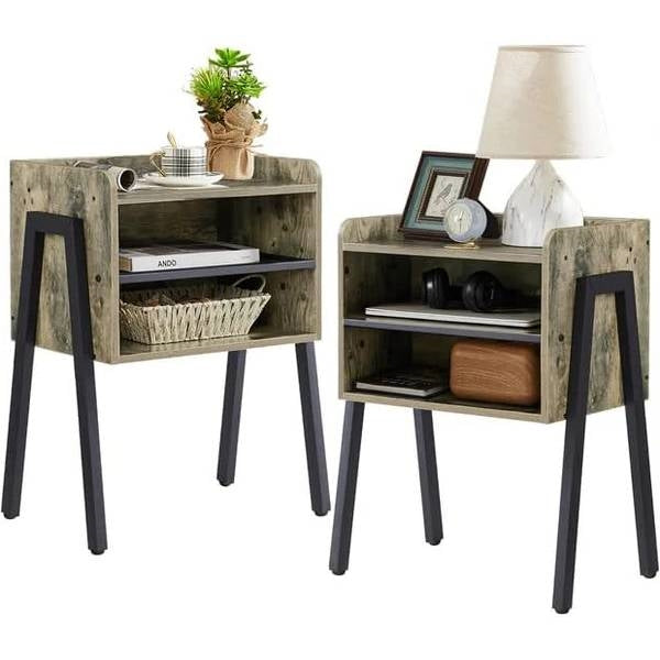 Set of 2 Modern Industrial Grey Wood Black Metal Side Table Nightstand End Table-0
