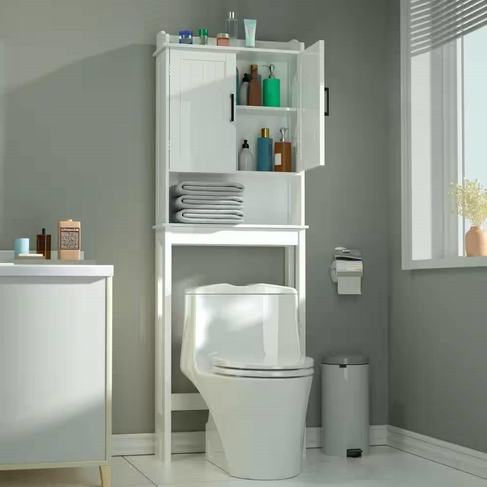 Over the Toilet Bathroom Storage Cabinet Shelving Unit in White Wood Finish - PRHOMZ