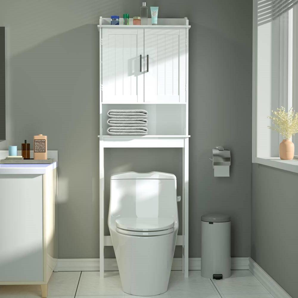 Over the Toilet Bathroom Storage Cabinet Shelving Unit in White Wood Finish - PRHOMZ