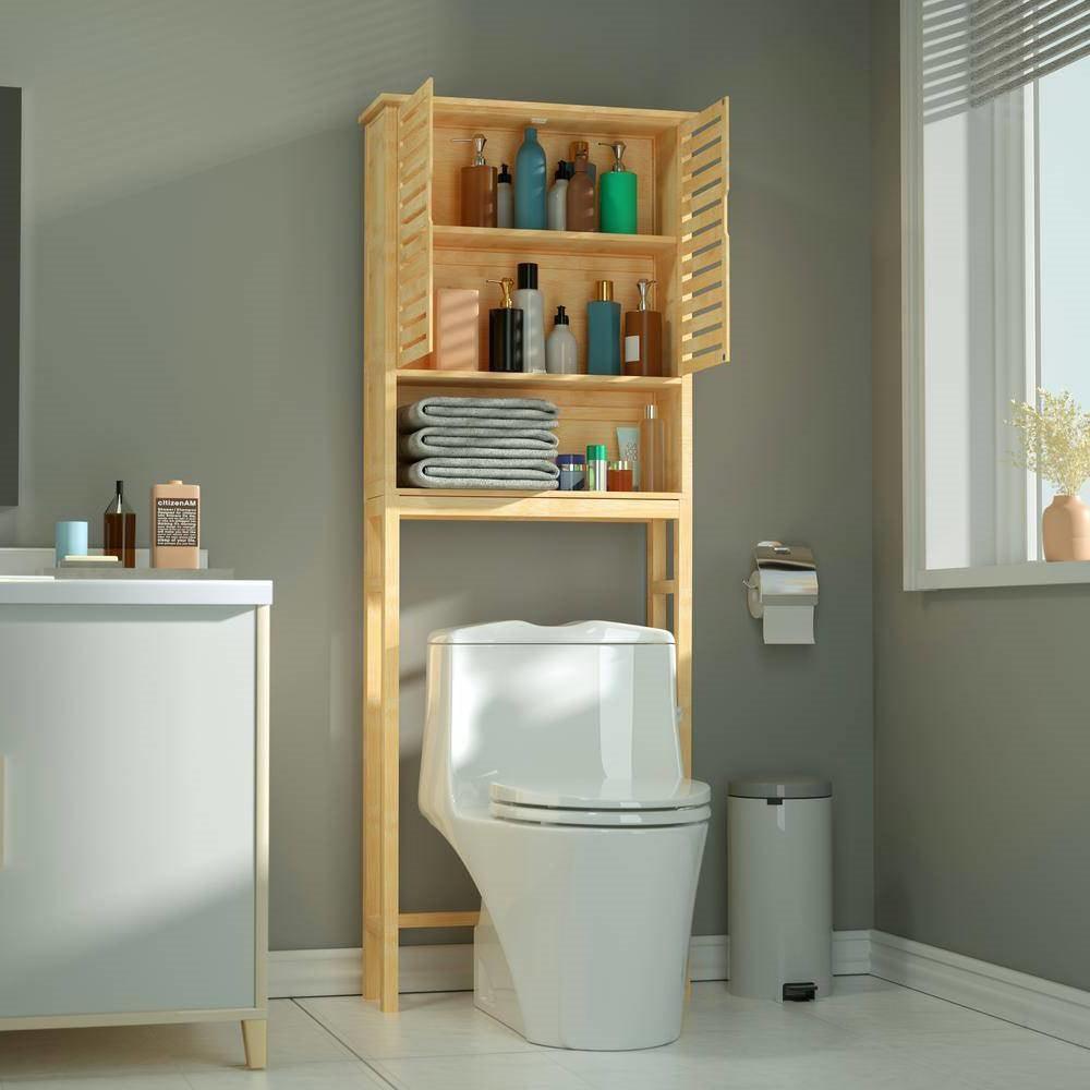 Over the Toilet Bathroom Storage Cabinet Shelf in Light Brown Yellow Wood Finish - PRHOMZ