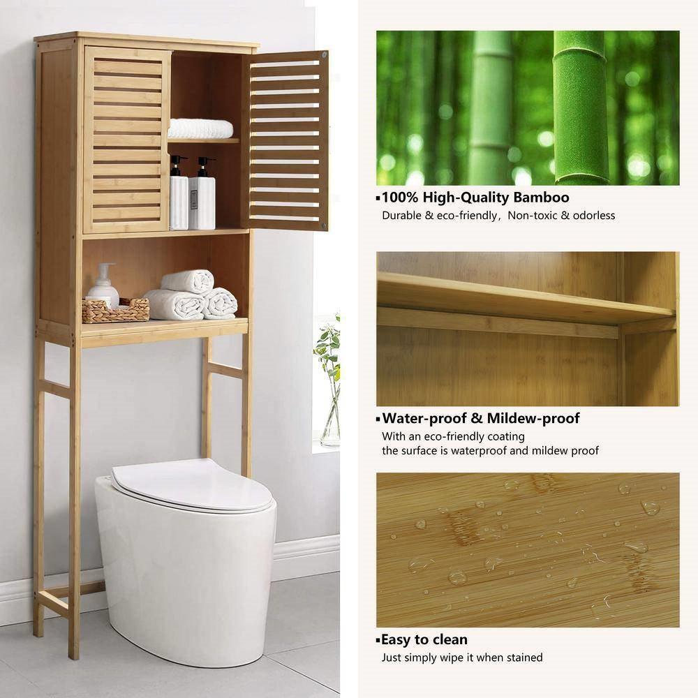 Over the Toilet Bathroom Storage Cabinet Shelf in Light Brown Yellow Wood Finish - PRHOMZ