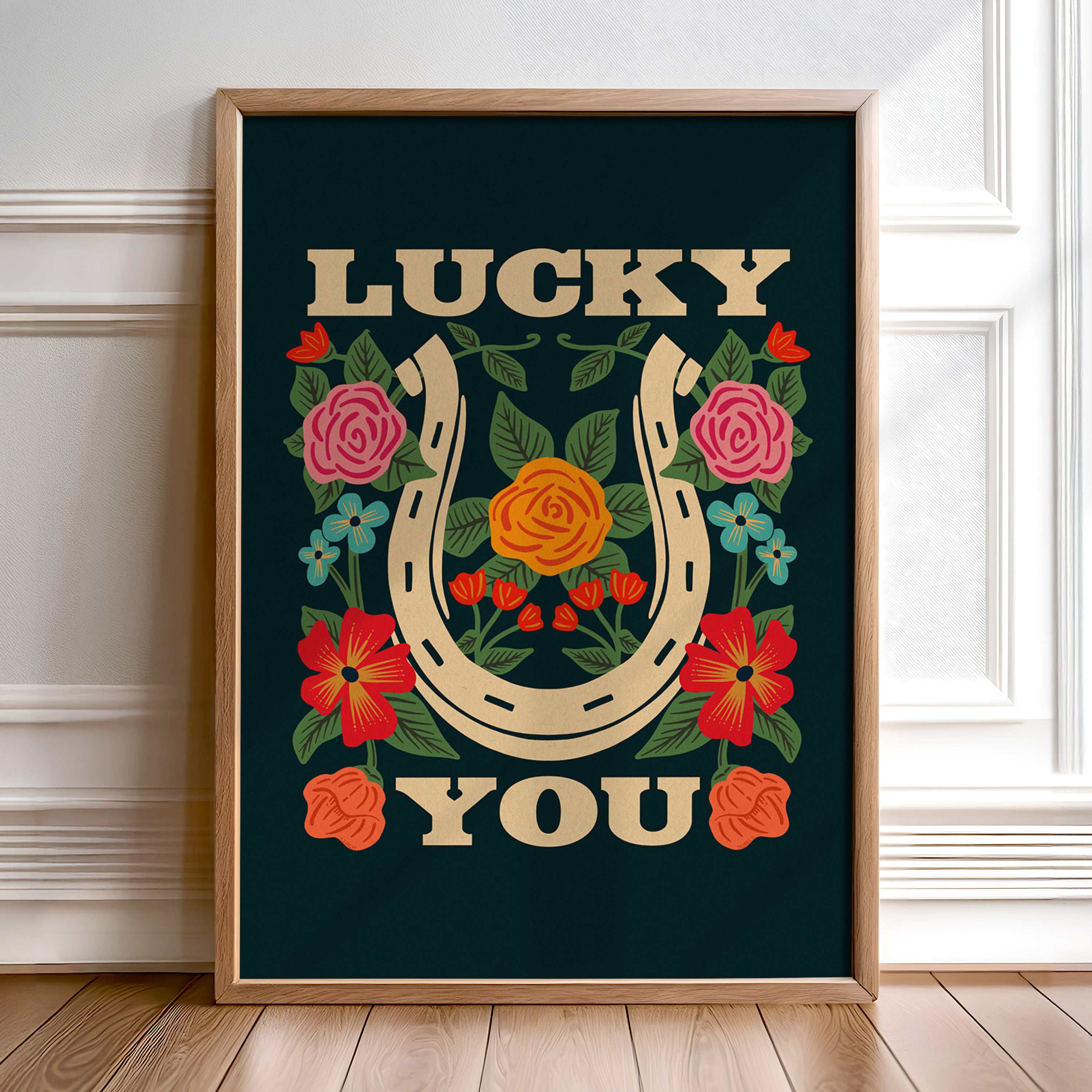 Lucky You Floral Horseshoe Art Print - Navy