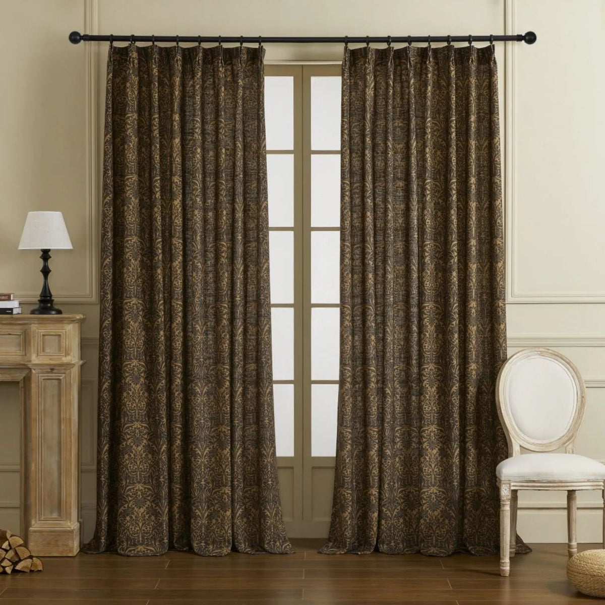 Victoria Beige Printed Damask Linen Curtains