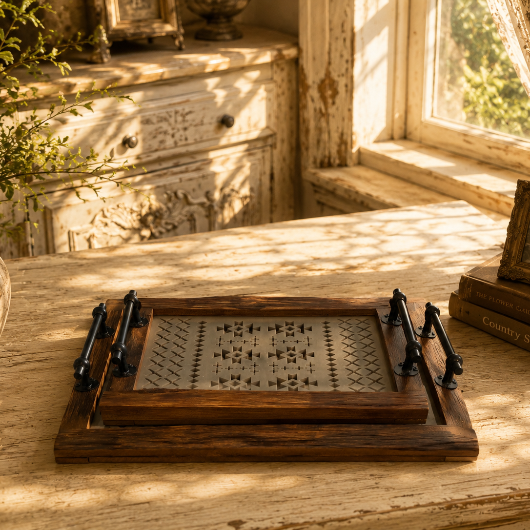 Vintage-Style Wooden Tray with Glass Bottom- set of 2