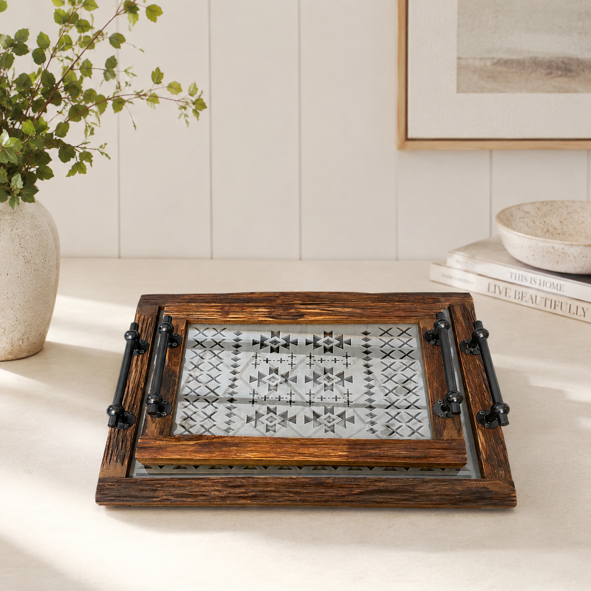 Vintage-Style Wooden Tray with Glass Bottom- set of 2