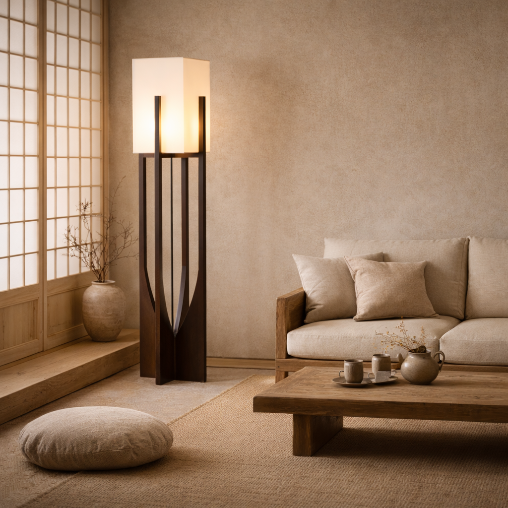 Minimalist Japanese Zen Floor Lamp, Solid Wood Standing Lamp with Soft Fabric Shade-1