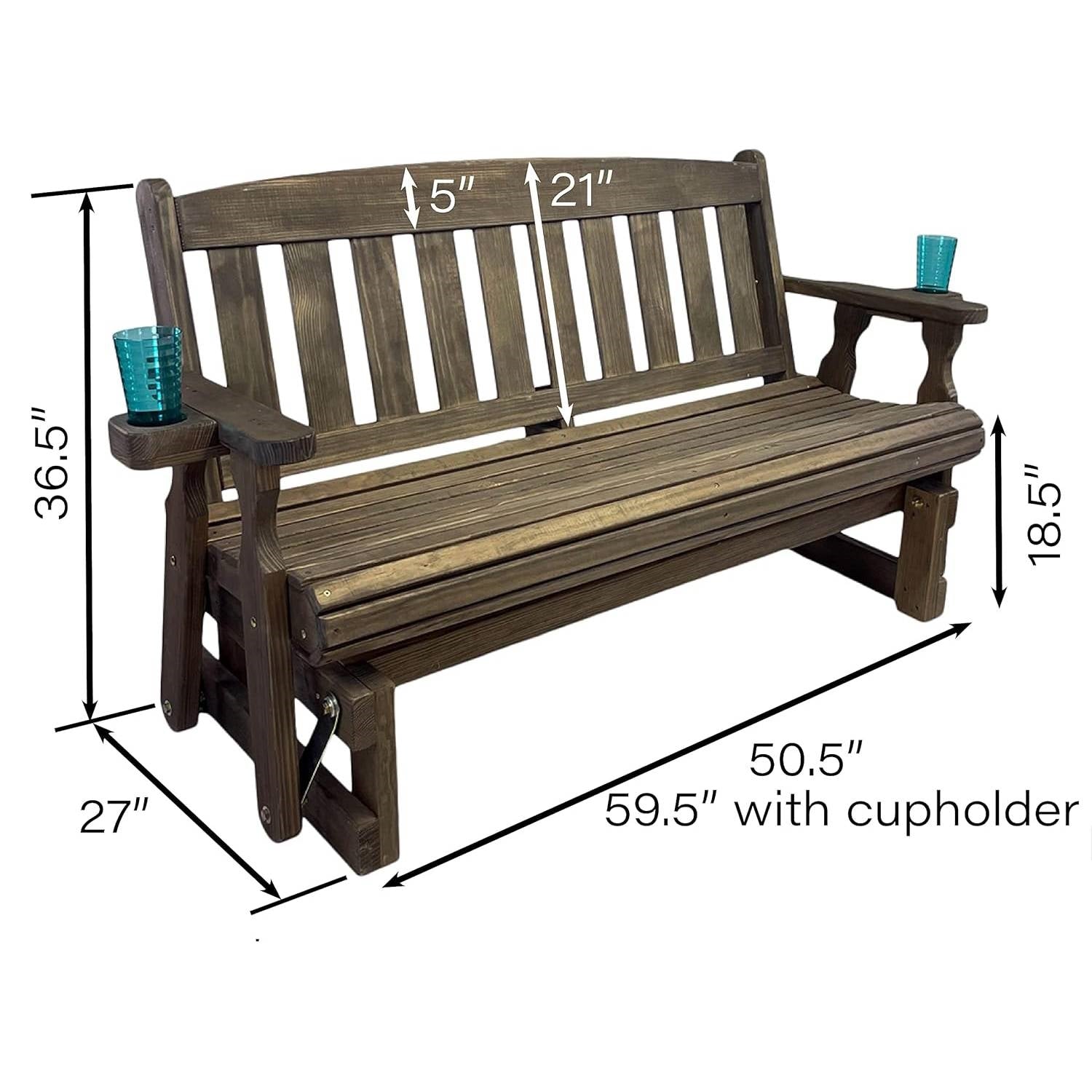 4ft Heavy Duty Porch Glider Bench with Cupholders in Dark Walnut - Made in USA-1