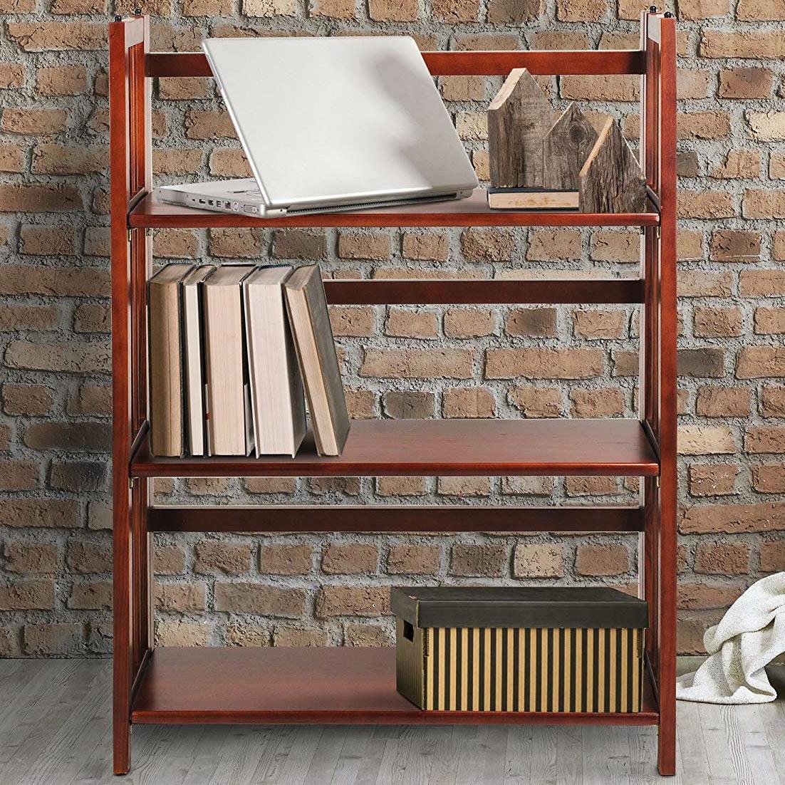 3-Shelf Folding Storage Shelves Bookcase in Walnut Wood Finish - PRHOMZ