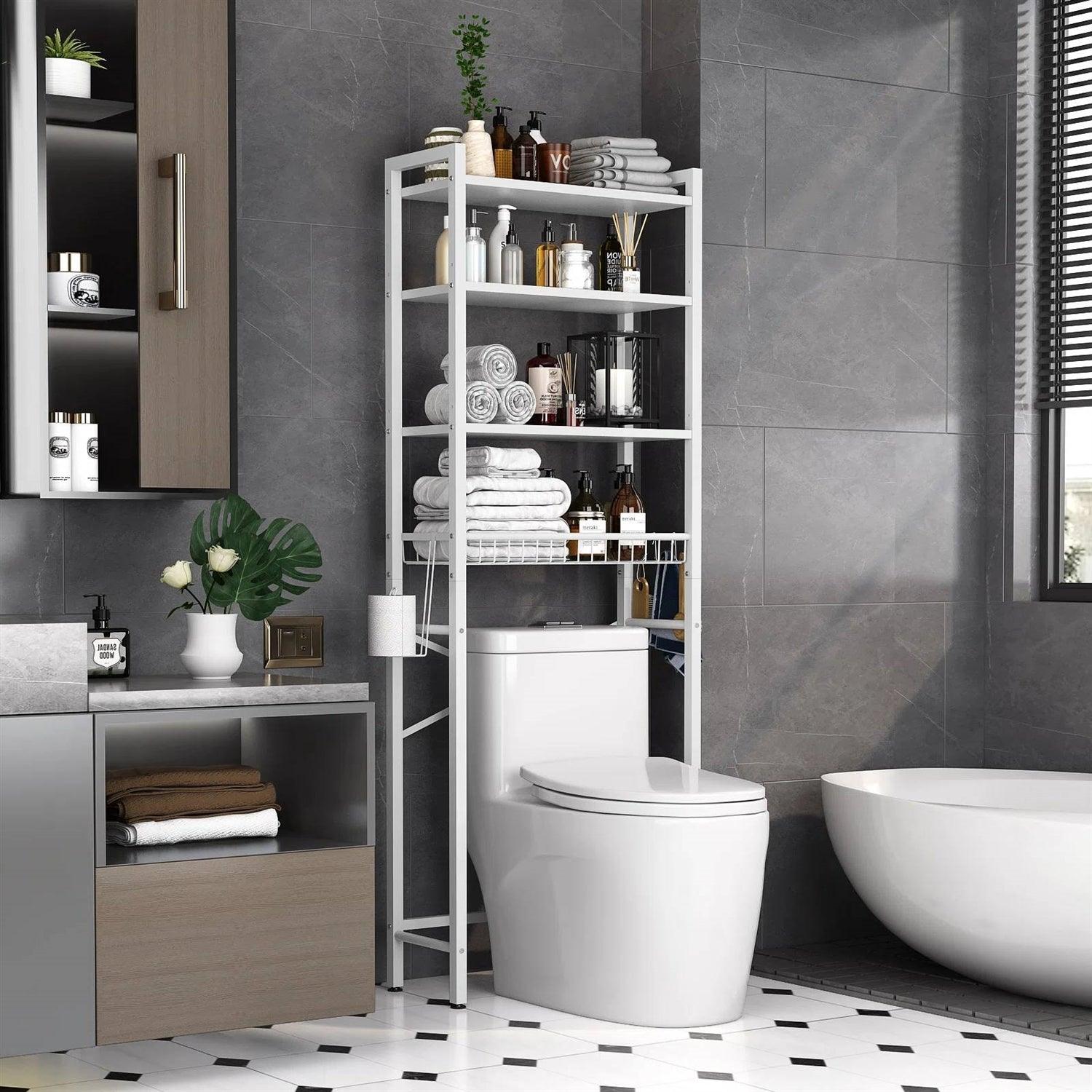 White Over the Toilet Storage Freestanding Industrial Metal Wood Shelving Unit - PRHOMZ