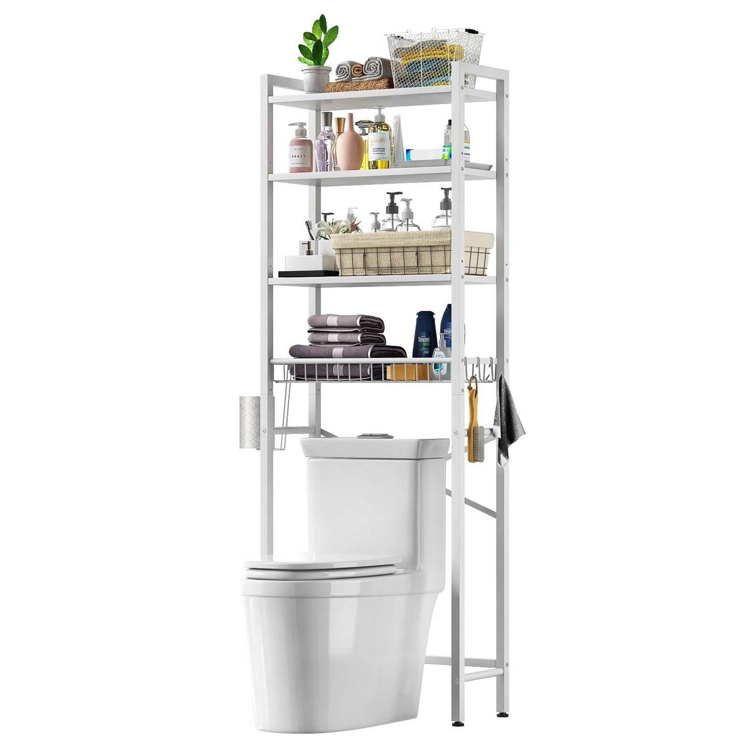 White Over the Toilet Storage Freestanding Industrial Metal Wood Shelving Unit - PRHOMZ