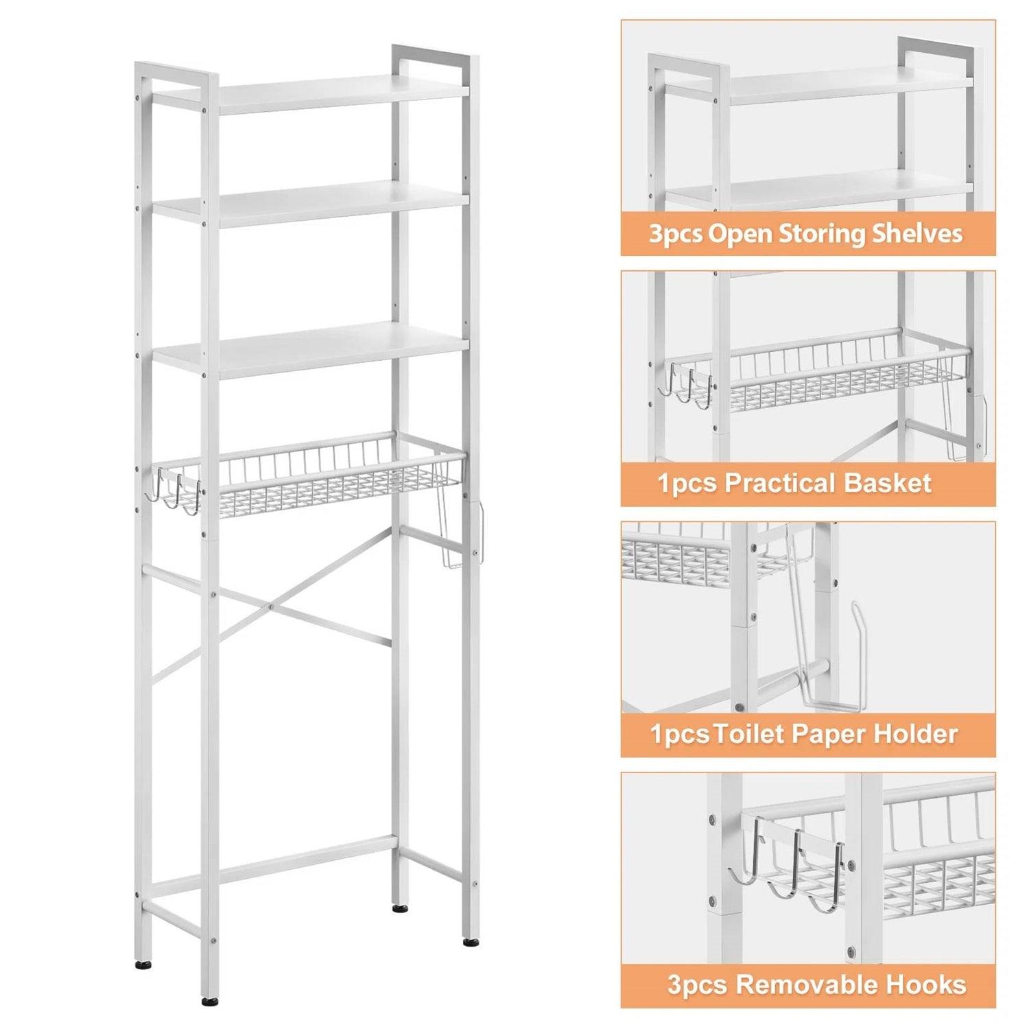 White Over the Toilet Storage Freestanding Industrial Metal Wood Shelving Unit - PRHOMZ