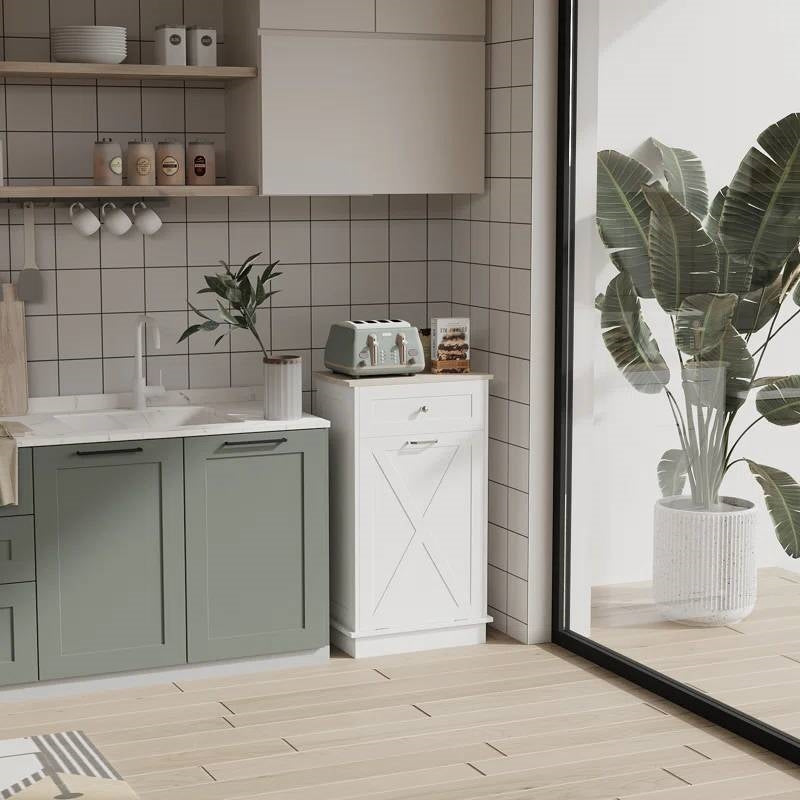 Trash Can Cabinet in White Wood Finish - Accommodates 10-Gallon Trash Bin-1