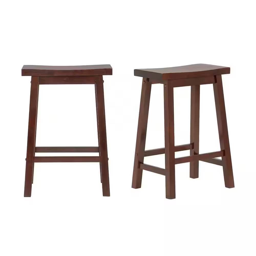 Set of 2 Farmhouse Counter Height Saddle Bar Stools in Brown Walnut Wood Finish - PRHOMZ