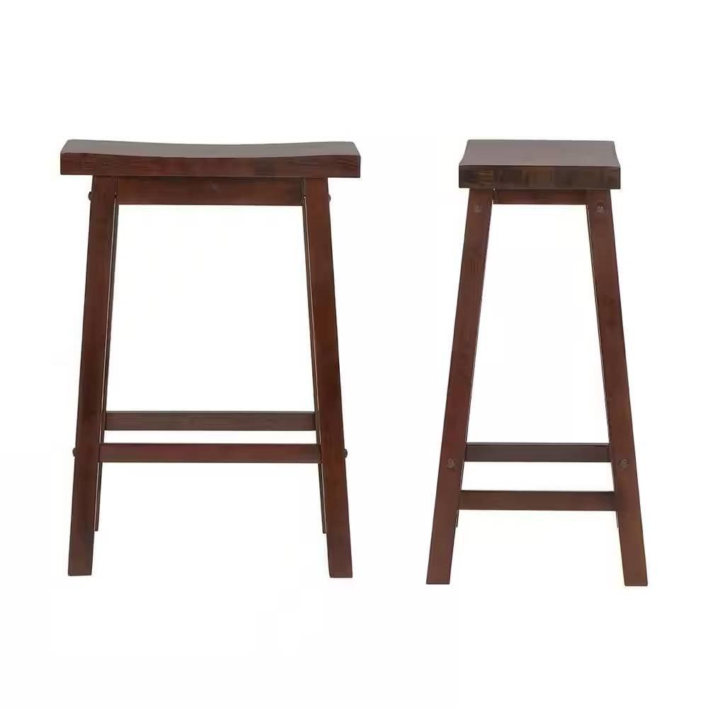 Set of 2 Farmhouse Counter Height Saddle Bar Stools in Brown Walnut Wood Finish - PRHOMZ