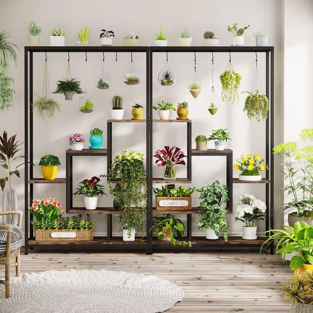 Modern Industrial Heavy Duty Metal Wood Plant Stand with 10 Hanging Hooks-3