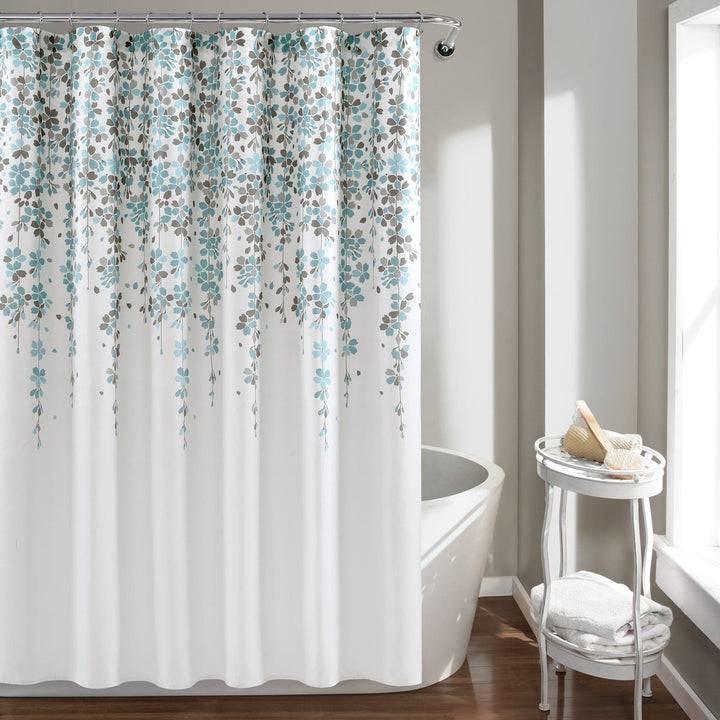 72-inch White Blue Grey Floral Flowers Shower Curtain - PRHOMZ