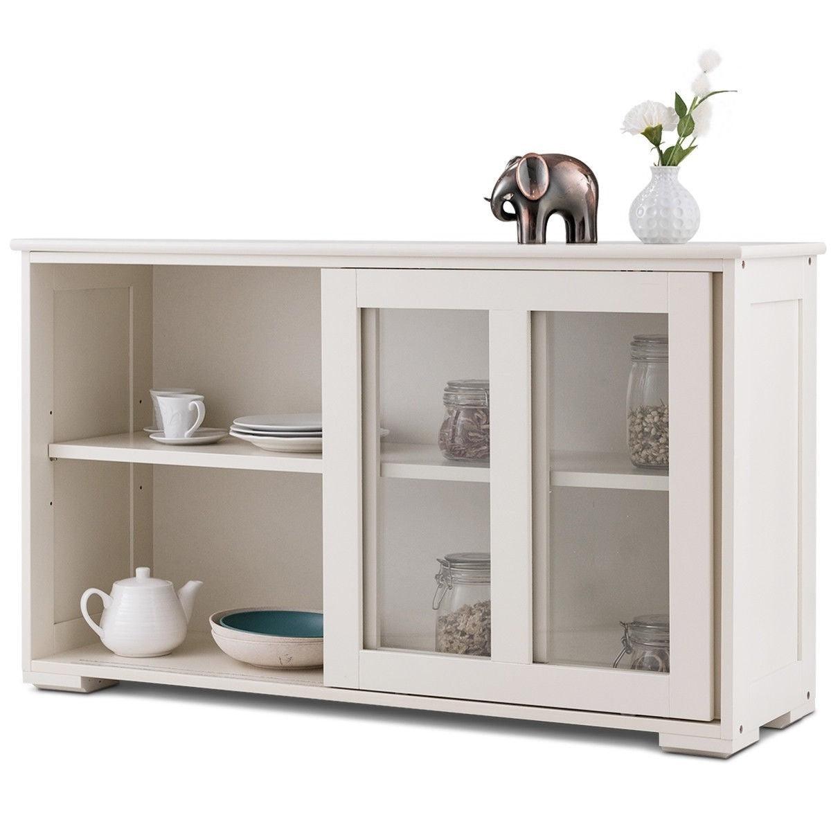 Modern White Wood Buffet Sideboard Cabinet with Glass Sliding Door - PRHOMZ