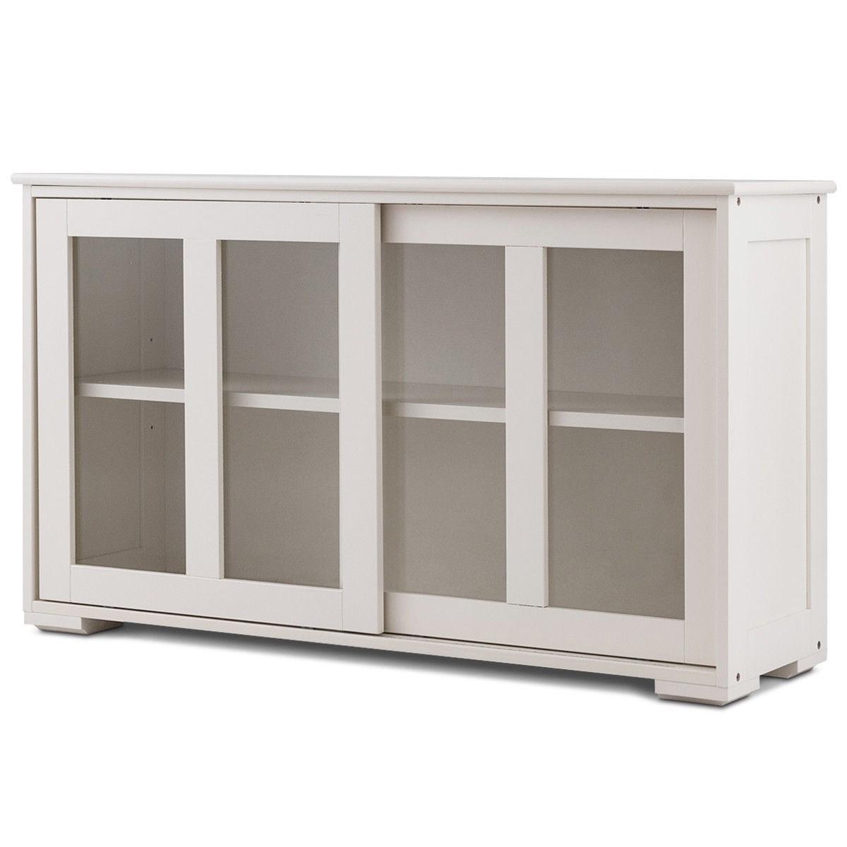 Modern White Wood Buffet Sideboard Cabinet with Glass Sliding Door - PRHOMZ