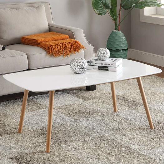 White Top Mid-Century Coffee Table with Solid Wood Legs - PRHOMZ