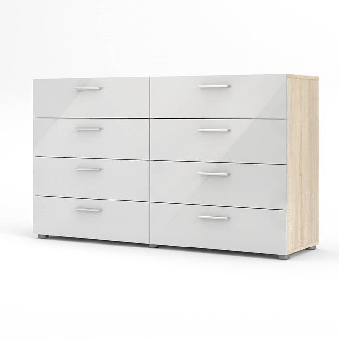 White Modern Bedroom 8-Drawer Double Dresser with Oak Finish Sides and Top - PRHOMZ