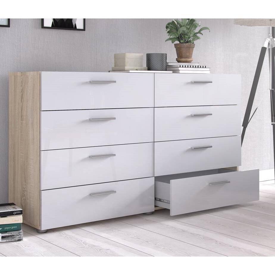 White Modern Bedroom 8-Drawer Double Dresser with Oak Finish Sides and Top - PRHOMZ