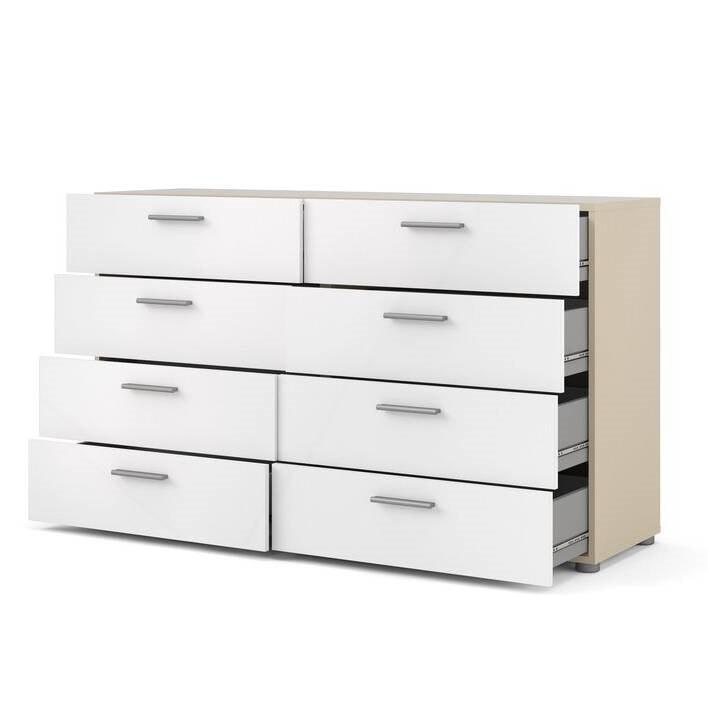 White Modern Bedroom 8-Drawer Double Dresser with Oak Finish Sides and Top - PRHOMZ