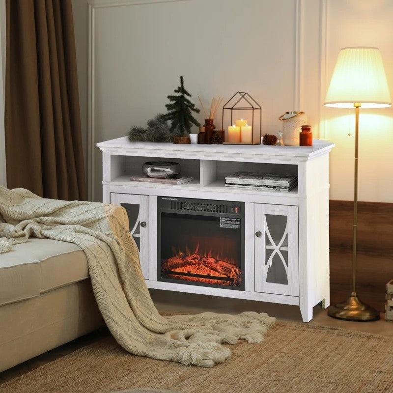 Rustic White Electric Fireplace Mantel TV Stand w/ Adjustable Shelves 2 Storage Cabinets - PRHOMZ